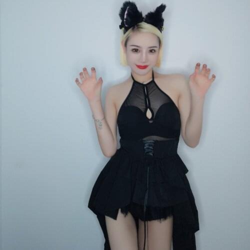 GoGo Dancer Stage Performance Costumes Nightclub Female Singer Gothic Black Dress Jazz Pole Dance Clothing Rave Outfits DQL5706