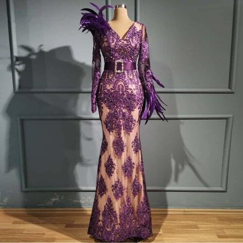 Real Image Vintage Purple Lace Mermaid Evening Dresses 2021 Beaded Crystal Long Prom Gowns Elegant Feather Formal Party Dress