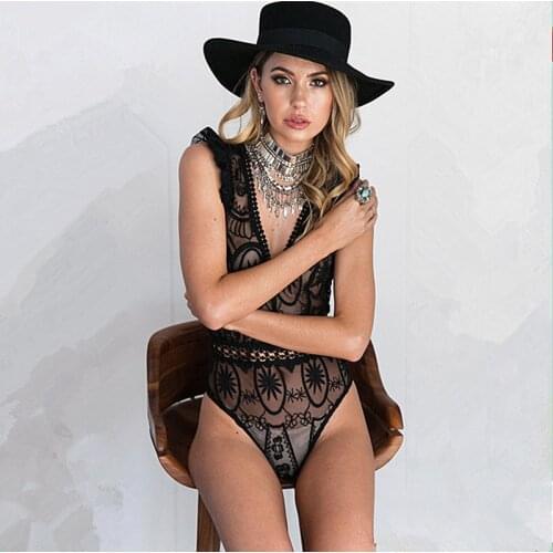 Bodysuits Womens Jumpsuit Pants New Spring Sexy Lace Chiffon Briefs Top Womens Jumpsuit Hollow Out Polyester Bodysuits