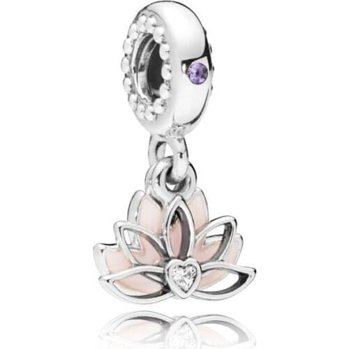 New Original 925 Sterling Silver Bead Pink Lotus Dangle Charm Fit Pandora Bracelet Necklace DIY Women Jewelry