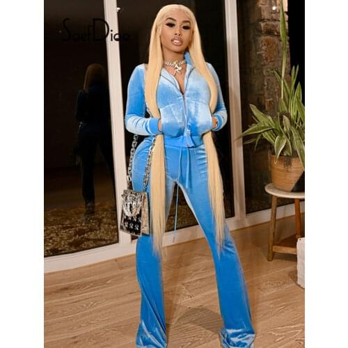 Soefdioo Sexy Two Piece Set Women Clothing Velet Zip Pockets Crop Top Flare Pants Matching Fall 2021 Casual Fitness Tracksuits