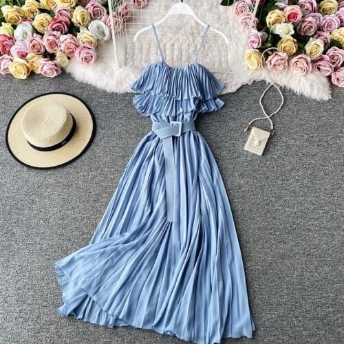 Womens Spring Summer Runway Fashion Pleated Slip Dress Female High Waist ChicTravel Beach Dress TB1953