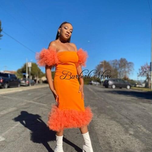 Trendy Orange Tulle Puffy Sleeves Mermaid Mid-Calf Women Party Dresses Pretty Off The Shoulder Ruffles Female Prom Night Gown