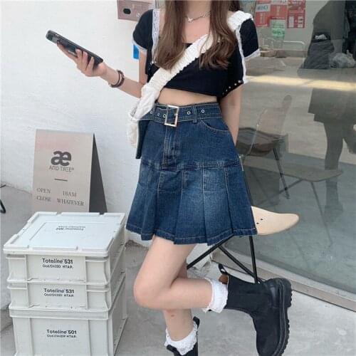 2021 Retro washed denim skirt denim pleated skirt DQ1335