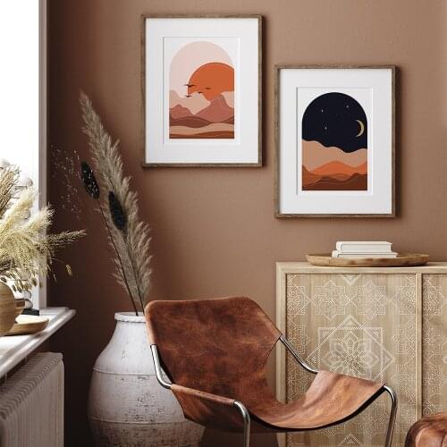 Abstract Landscape Posters Prints Mountain Canvas Painting Sun Moon Burnt Orange Wall Pictures for Living Room Boho Wall Decor
