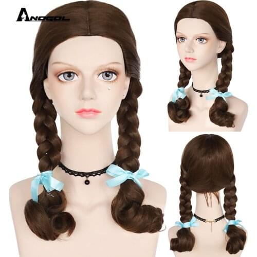 Anogol Dorothy Cosplay Wig DG Girl Dorothy Brown Curly Ponytails Heat-resistant Fiber Synthetic Hair Wigs