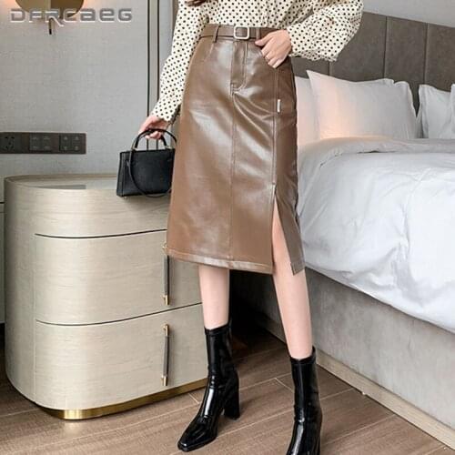 Black Brown High Waist Leather Staight Skirts Womens 2021 Autumn Winter Casual Slim Sexy Split PU Skirt Long Female