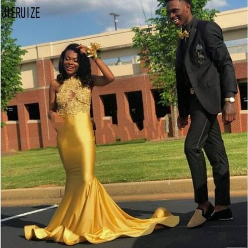 JIERUIZE Yellow Mermaid Evening Dresses High Neck Prom Gowns Lace Appliques Formal Dresses For Couple Day vestidos de fiesta