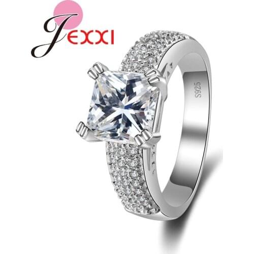 Classic Wedding Band Cubic Square White Shiny Crystal Propose Engagement Rings Fashion Women 925 Sterling Silver Jewelry