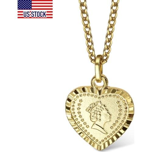 Heart-Shaped Pendant Necklace for Women Girls 2mm Gold Color Elizabeth Queen Charm Pendant Curb Chain Necklace Gifts DGP429