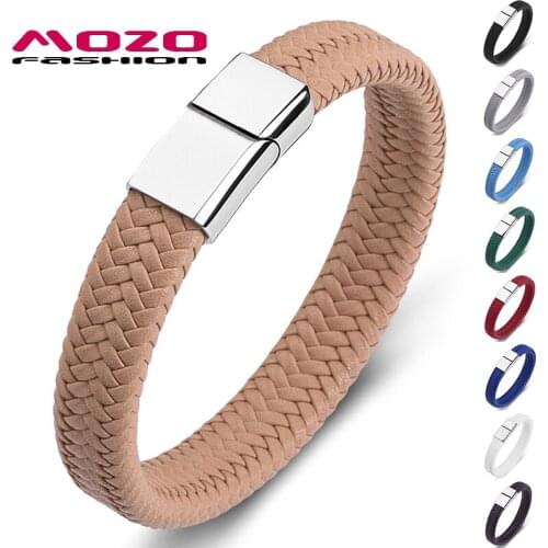 Fashion New Punk Men Jewelry Apricot Braided Leather Bracelet Stainless Steel Magnetic Clasp Hot Sale Women Bangles 161