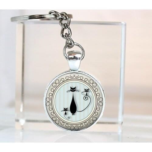 New Round Pendant Tray For Pet Mother Gift Car Keychain Lover Keyring Glass Vintage Kitten Jewelry White Cat Cabochon Key Chain