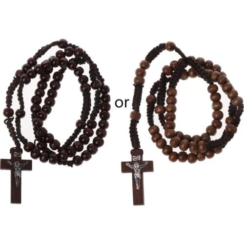 Wooden Beads Rosary Necklaces with Jesus Imprint Cross Religious Jesus Jewelry N2UE