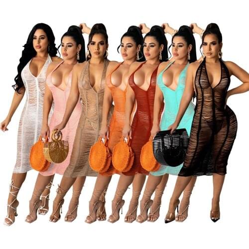 Sexy Lady Halter V Neck See Through Bodycon Dresses Women Sleeveless Summer Fashion Streetwear Club Y2k Plus Outfits