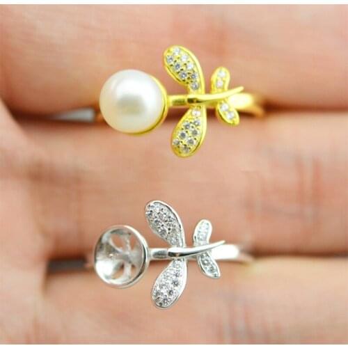 QIAOBEIGE DIY Product Women Ring Fresh Water Pearl Pearl Mount 925 Sterling-Silver for Women dragonfly design bead Accessory
