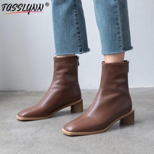 TASSLYNN 2020 Winter Boots Women Microfiber Ankle Boots for Women Round Toe Zip Square Heel Women Winter Shoes Rain Boots