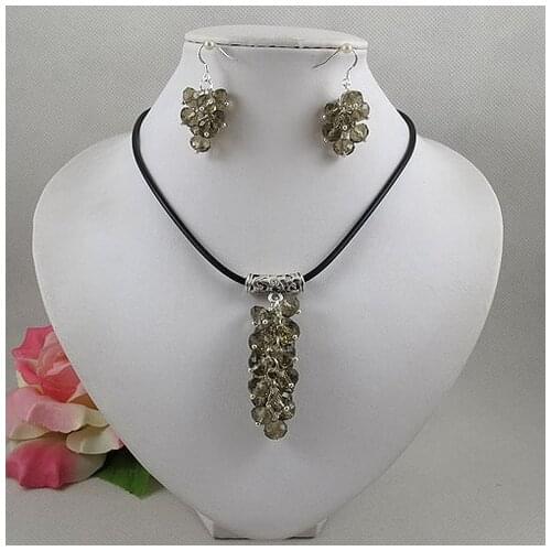 Unique Pearls jewellery Store,Black Leather Crystal Beads Grape Necklace 925 Silver Dangle Earrings,Perfect For Woman Gift
