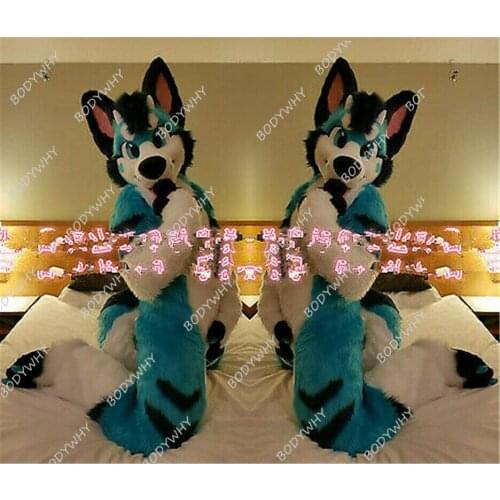 Blue Long Fur Blue Husky Dog Fox Wolf Fursuit Mascot Costume Suit Cosplay Party Game Fancy Dress Adults Parade Advertising 2019