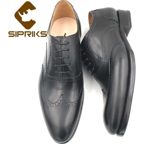 Sipriks Mens Calf Leather Wingtip Dress Oxfords Elegant Black Casual Footwear Boss Business Office Gents Suit Social Prom