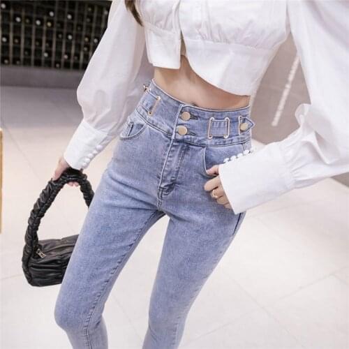 Light Blue Stretch High Waist Jeans Casual Trousers Women 2021 New Skinny Slim Fit Fashion Washed Elastic Denim Pencil Pants X15