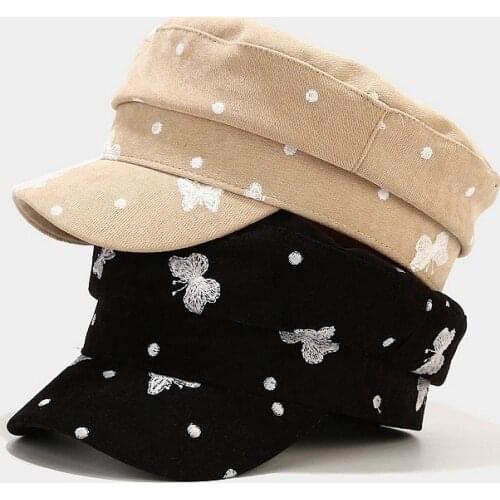 Spring Autumn Military Cap Women Fashion Butterfly Embroidery Newsboy Cap Ladies Casual Flat Top Salior Hat Female chapeau femme