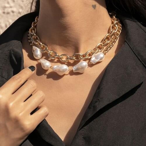 Punk Vintage Baroque Pearls Metal Thick Chain Choker Necklace for Women Hiphop Double Layers Colar Chocker Jewelry Gift