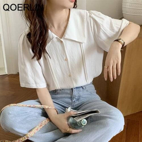 QOERLIN Turn-Down Collar Single-Breasted White Shirts Female Womens Clothing Summer 2021 Stylish Korean Tops Blouse Plus Size