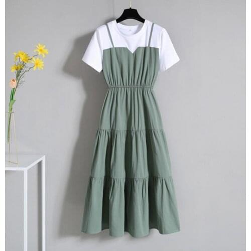 Plus Size Fake 2 Pcs Summer Partysu High Waist Midi Dress Women 2021 Korean New Style Ladies Short Sleeve Tunic Sundress Female