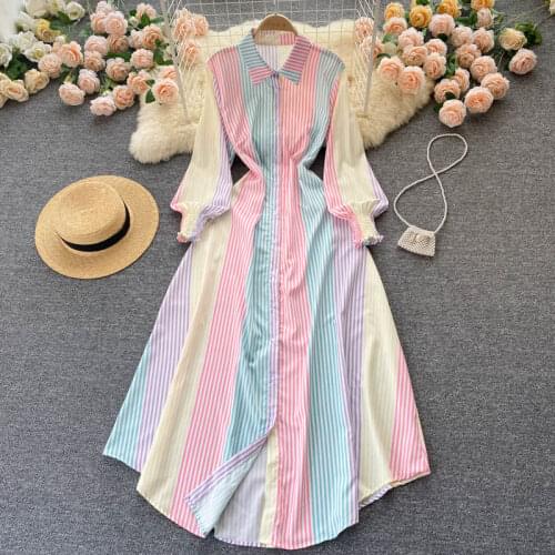 Aibeautyer New Summer A Line Polo Collar Full Lady Dress Casual Solid Slim Chiffon Single Breasted Button Women Dresses