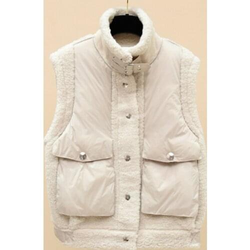 Autumn winter new women short paragraph imitation lamb wool stitching cotton vest loose pocket waistcoat waistcoat outer wear