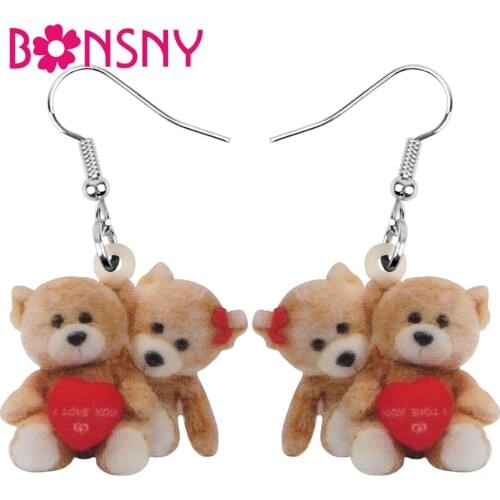 Bonsny Acrylic Valentines Day Couple Lover Bear Earrings Animal Drop Dangle Jewelry For Women Girl Teen Kid Festival Charm Gift