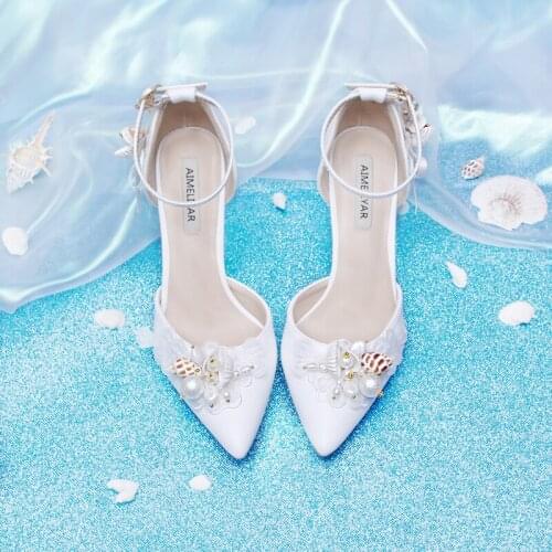 Wedding shoes Sea wind bride princess pointy fine heel elegant natural shell flow Su white fairy with sandals