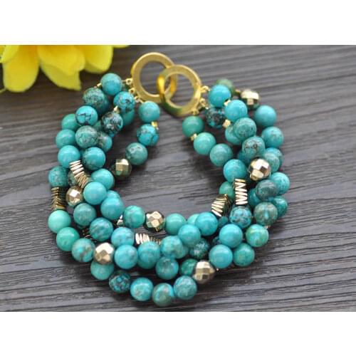Z10284 5Row 8" 8mm Natural Round Turquoise Gold Hematite Bracelet