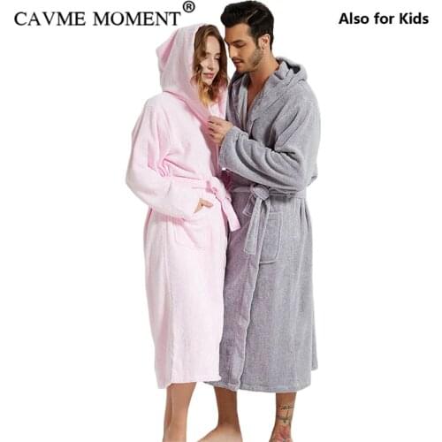 CAVME Plus Size Hooded Terry Robe for Lovers Towel Bathrobe Mens Long Cotton Robes Lounge Family Nightgown Nightwear Sleepwear