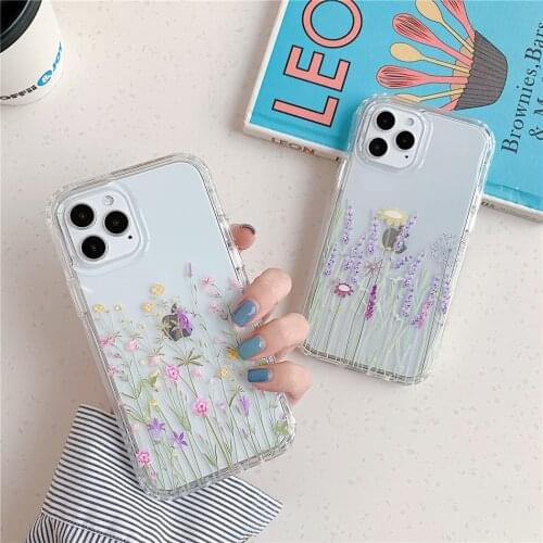 Thicken Shcokproof Lavender Yellow Flowers Butterfly Phone Case For iPhone X 7 8 Plus SE 2 XR XS 11 12 Pro Max Cute Clear Cover