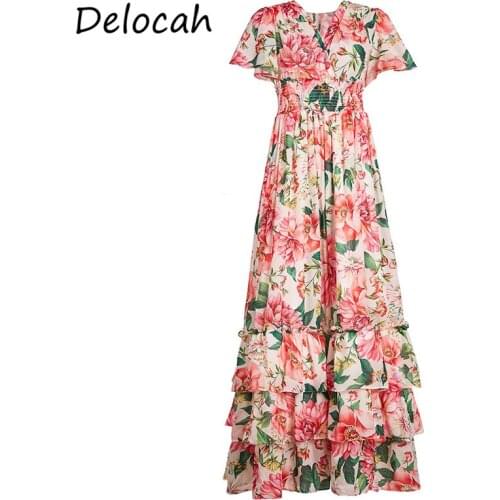 Delocah Summer Women Fashion Designer Holiday Long Dress Plus Size Sexy V-Neck High Waist Ladies A-Line Maxi Dresses vestidos