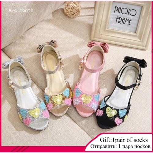 2021 Princess Kids Leather Shoes for Girls Flower Casual Glitter Children High Heel Girls Shoes Butterfly Knot Blue Pink Silver