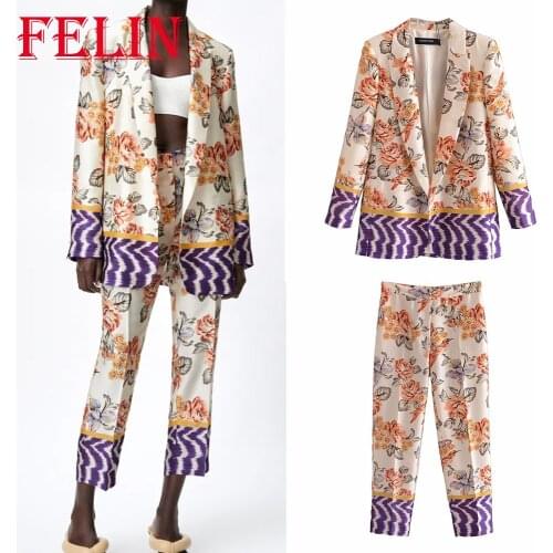 Women Chic Floral Print Blazer Suits Za 2021 V Neck Oversized Long Boho Blazer and High Waist Straight Pants 2 Pieces Suits