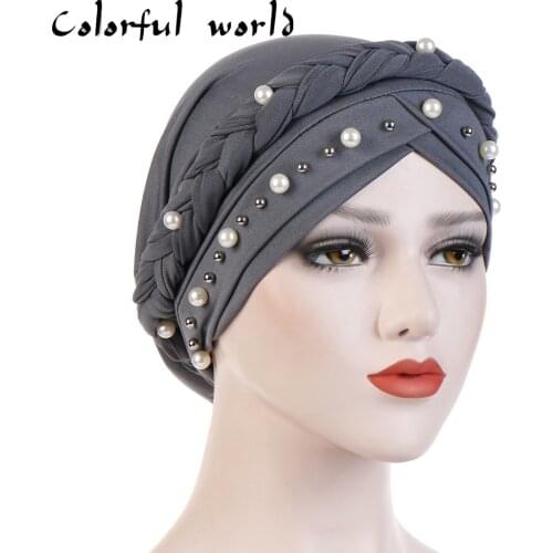 Headscarf Cap Monochrome Braid Nailwhite Pearl Muslim Pleated Indian Hat Women Stretchable Patched Lady Scarf Turban