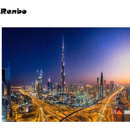 5D Diy Diamond Painting Dubai modern city night view Full Round diamond Mosaic Picture Of Rhinestone Diamond Embroidery for sale