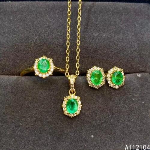 KJJEAXCMY fine jewelry 925 sterling silver natural emerald women fresh vintage gem earrings ring pendant suit support detection