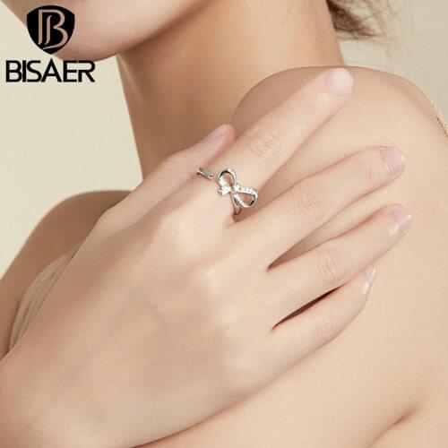 BISAER 925 Sterling Silver Rings Bow of Ribbon Zirconia Finger Ring For Women Wedding Luxury Fine Jewelry Gift EFR158