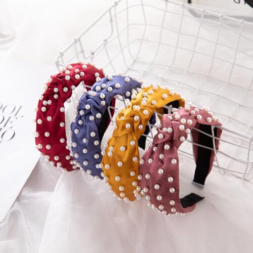 Fashion Silk Pearl Knot Headbands Wide Solid Full Beads Twist Hairbands for Women Girls Bezel Hair Hoops Makeup Hair Accessories