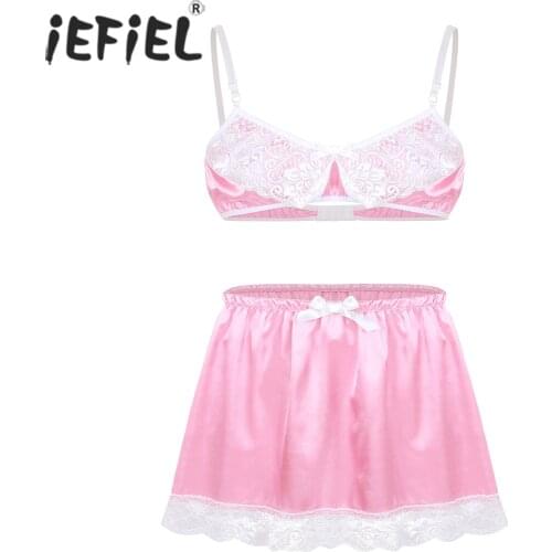 IEFiEL Mens Lace Sissy for Male Lingerie Set Babydoll Slip Hommes Spaghetti Straps Bra Top with Short Skirt Gay Sexy Underwear