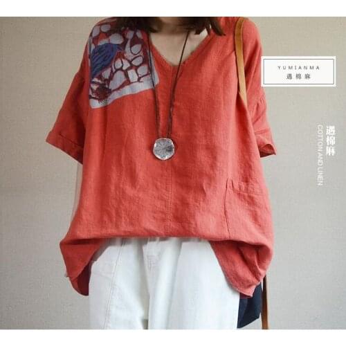 New Summer Arts Style Women Loose V-neck T-shirt Cotton Linen Vintage Print Short Sleeve Tee Shirt Femme Tops Plus Size