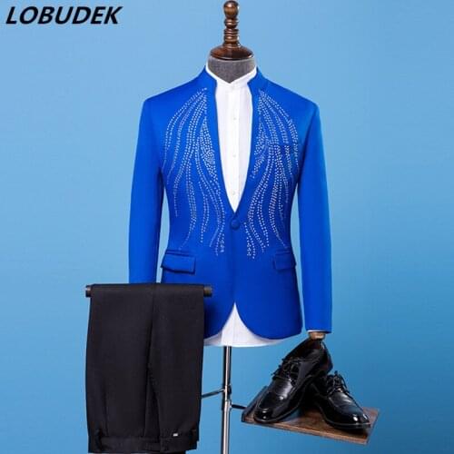 Formal Mens Suit Adult costumes blue shining Crystals suits Prom party singer stage performance clothes Host Wedding dresses