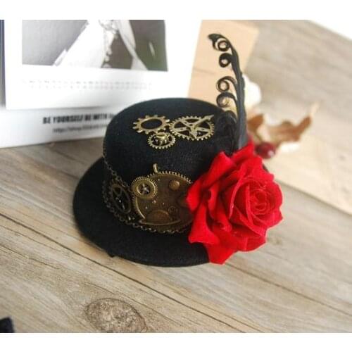 Punk Black Gothic Mini Top Hat Fascinator On Hairclip Womens Fancy Dress Steampunk Gears Feather Rose Hats