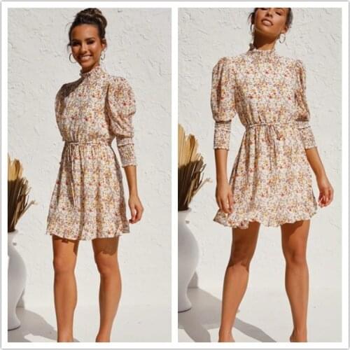 Dress Women Summer 2021 turtleneck long sleeve small broken flower posed elastic waist Dresses Casual Vestidos BLK9126