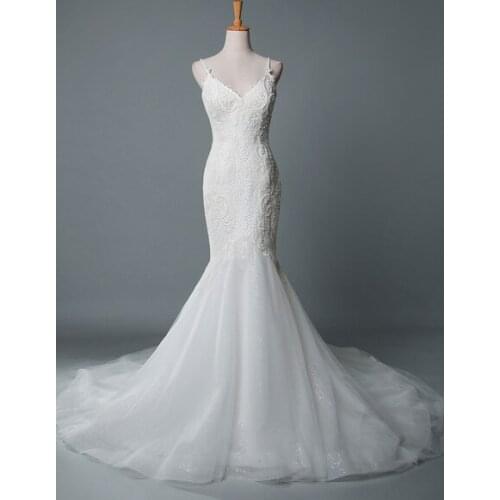 Simple Wedding Dress Lace V Neck Sleeveless Lace Mermaid Bridal Dresses With Train Spagetti Straps