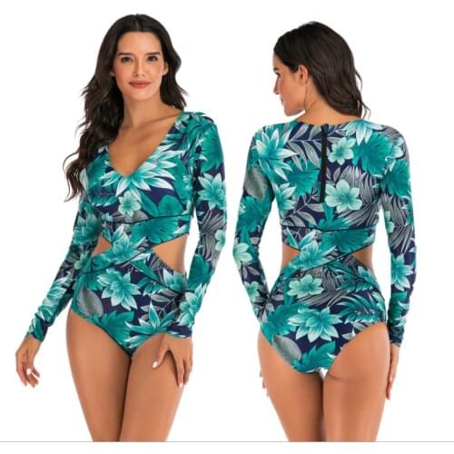 Print Floral One Piece Swimsuit Long Sleeve WomenS Swimwear 2021 Bathing Suit Bikinis2021 Vintage One-Piece Surfing Swim Suits